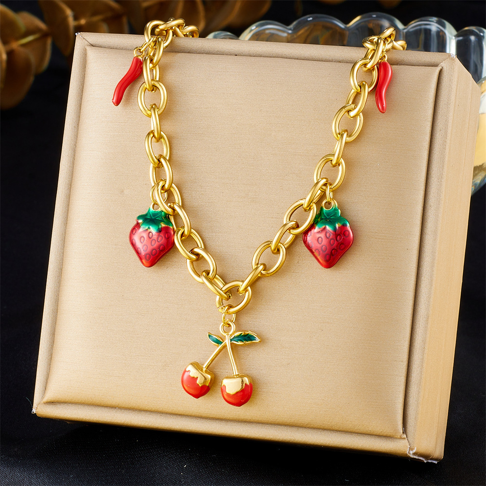 European and American style high-end multi-element pendant with dripping strawberry and cherry fruit accessories stainless steel chain necklace