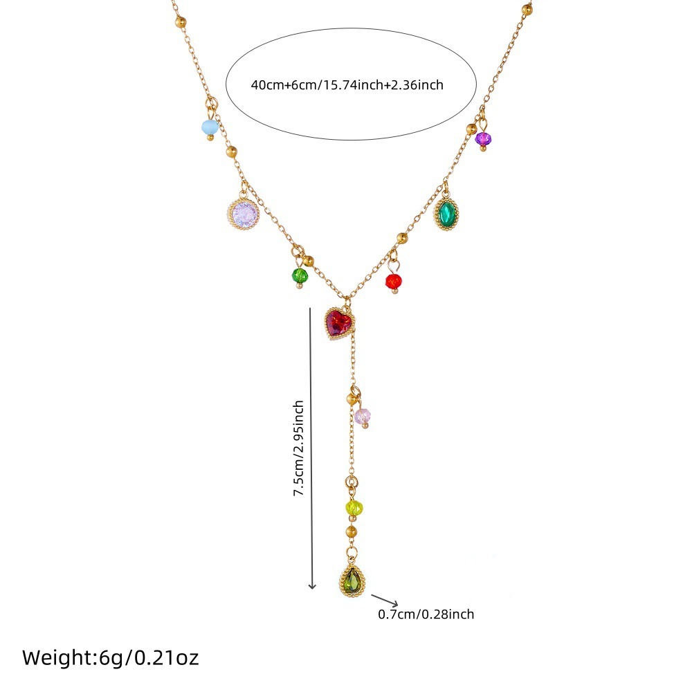 Stylish and simple colorful diamond-encrusted heart teardrop geometric accessory pendant chain gold-plated stainless steel Y-shaped necklace
