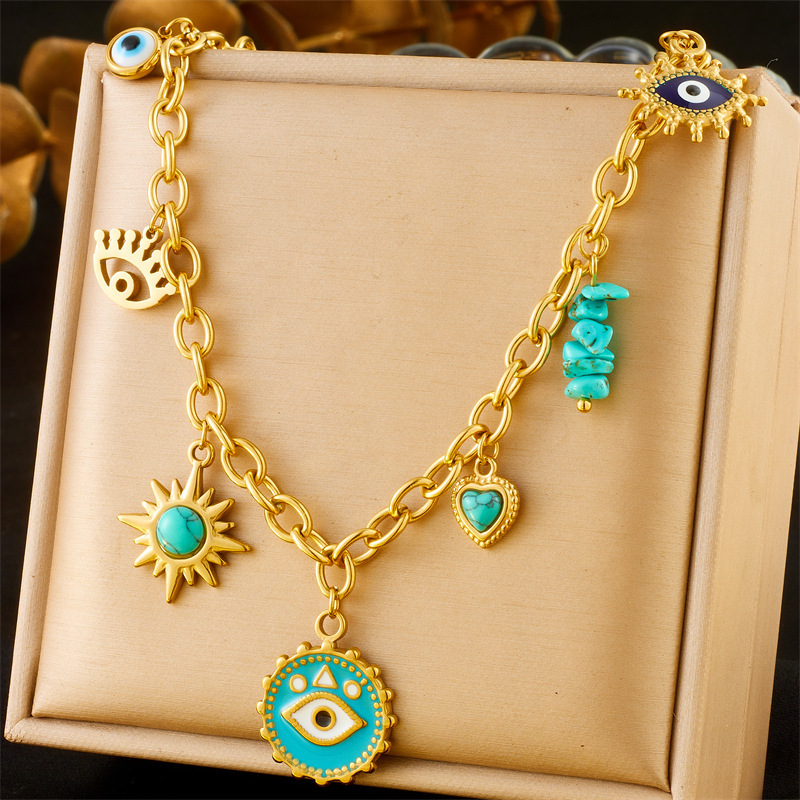 Fashionable retro cross-border new style blue turquoise heart sun star drop eye pendant chain stainless steel necklace