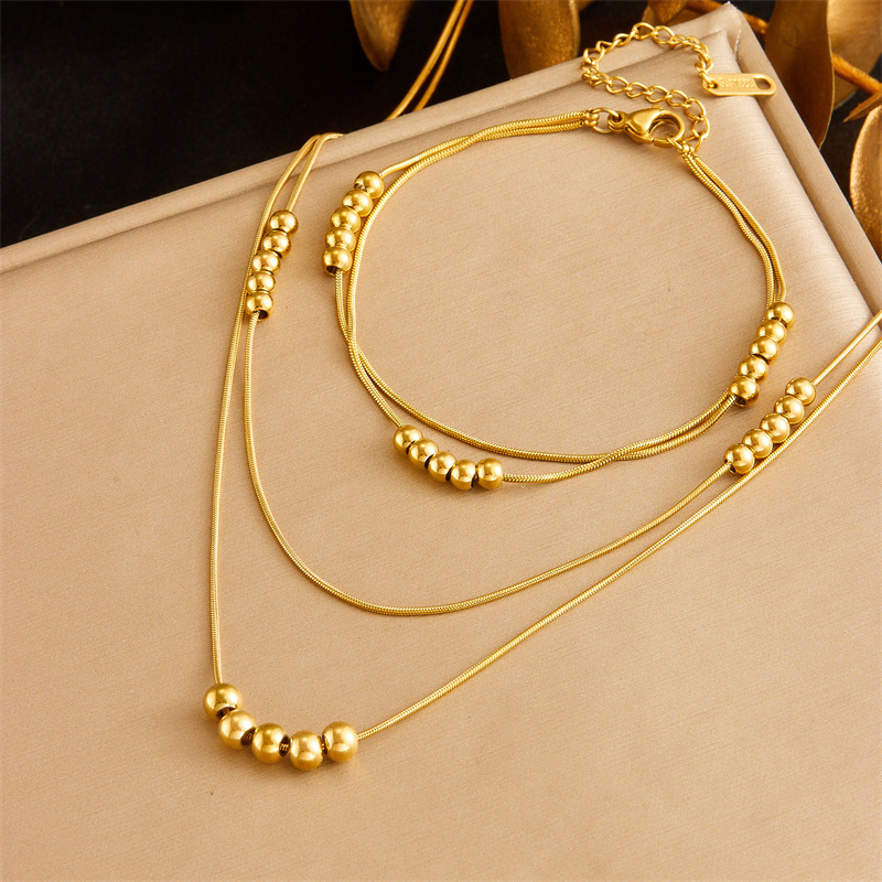 European and American style, simple and versatile, double-layered, beaded chain stainless steel jewelry set, bracelet and necklace.