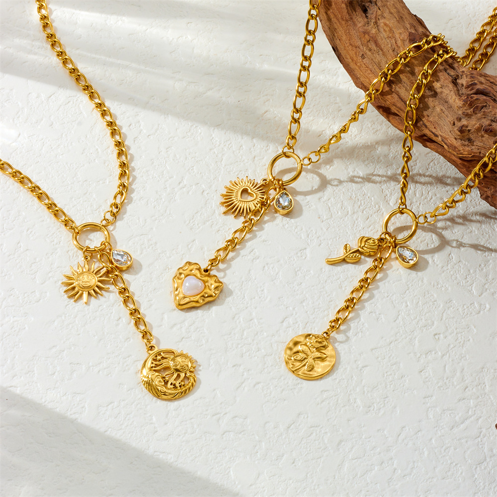 Fashionable cross-border stainless steel long tassel round pendant flower sun moon teardrop rhinestone heart clavicle chain, new spring/summer style necklace.