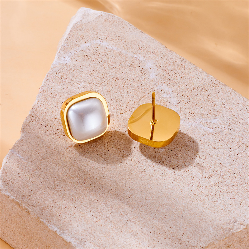 Korean style minimalist retro square gold-plated pearl accessories stainless steel earrings
