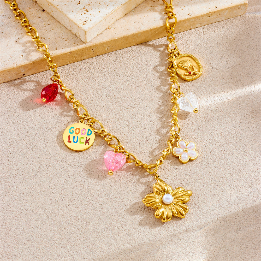 Korean style, fashionable, fresh and sweet, multi-element accessories, flower dripping oil, GOODLUCK round pendant stainless steel necklace