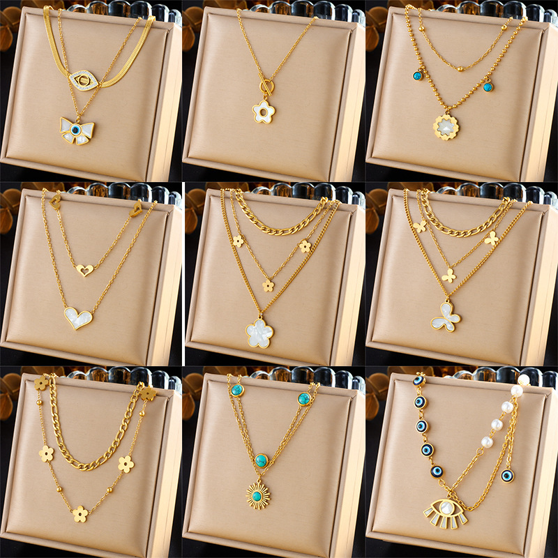 European and American style retro-inspired, fashionable gold-plated stainless steel multi-layered irregular chain necklace