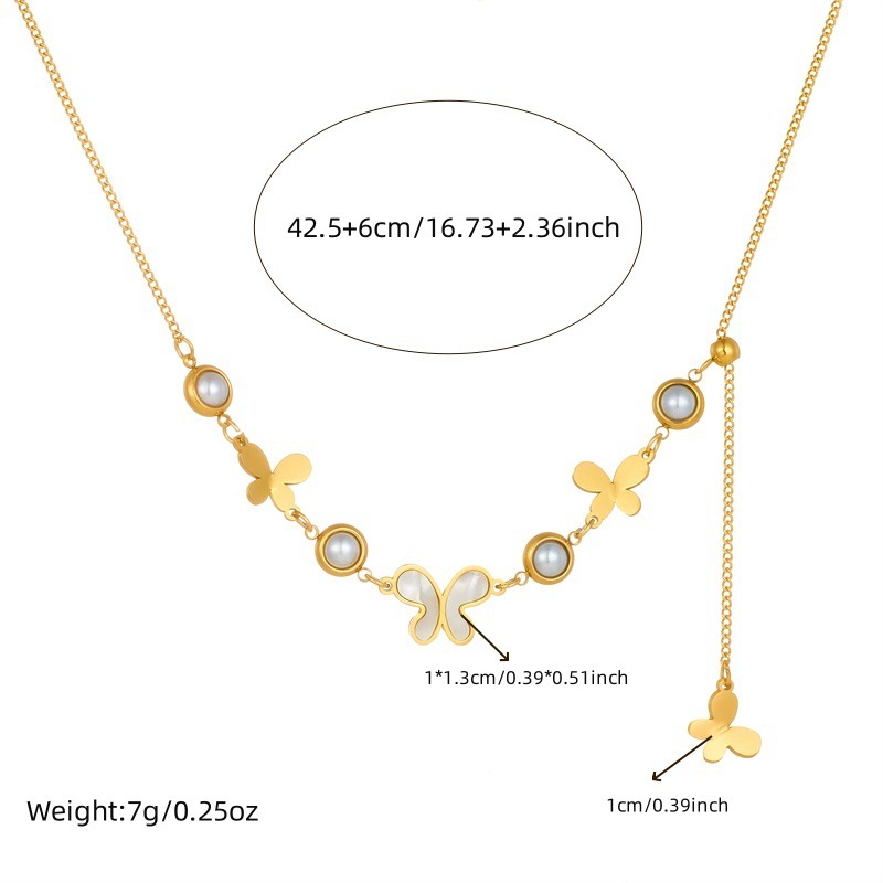 Cross-border fashion retro round pearl polished white mother-of-pearl butterfly accessory pendant tassel chain stainless steel necklace
