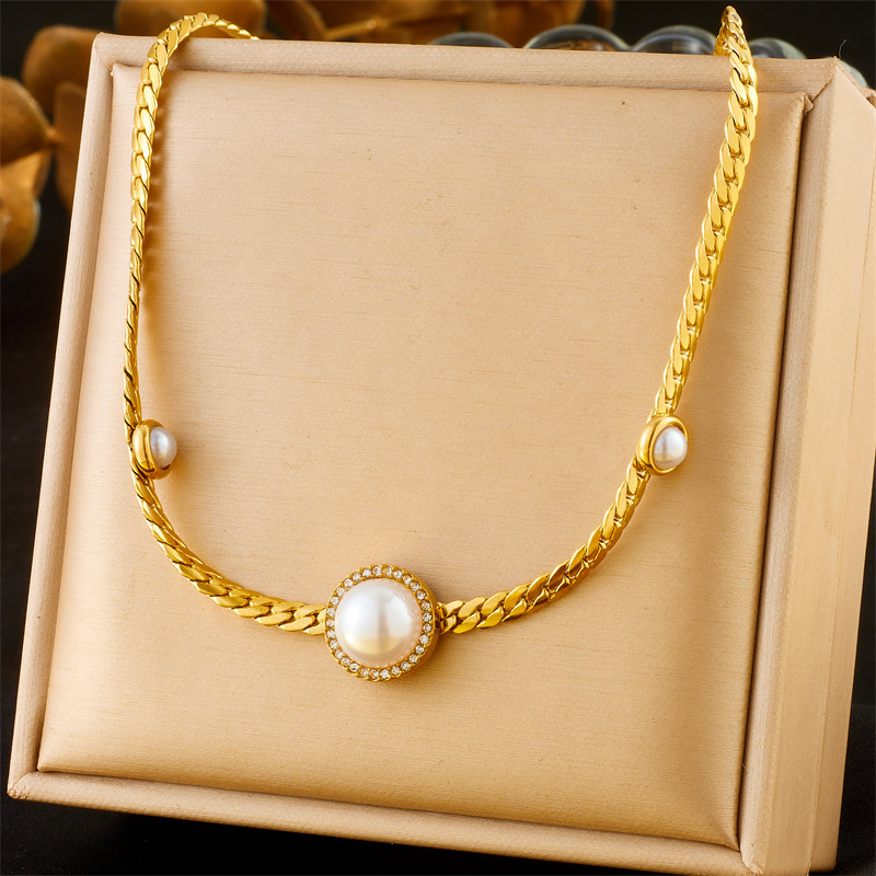 Fashionable and luxurious round pearl and diamond necklace, elegant choker, stainless steel bracelet, cross-border wholesale set