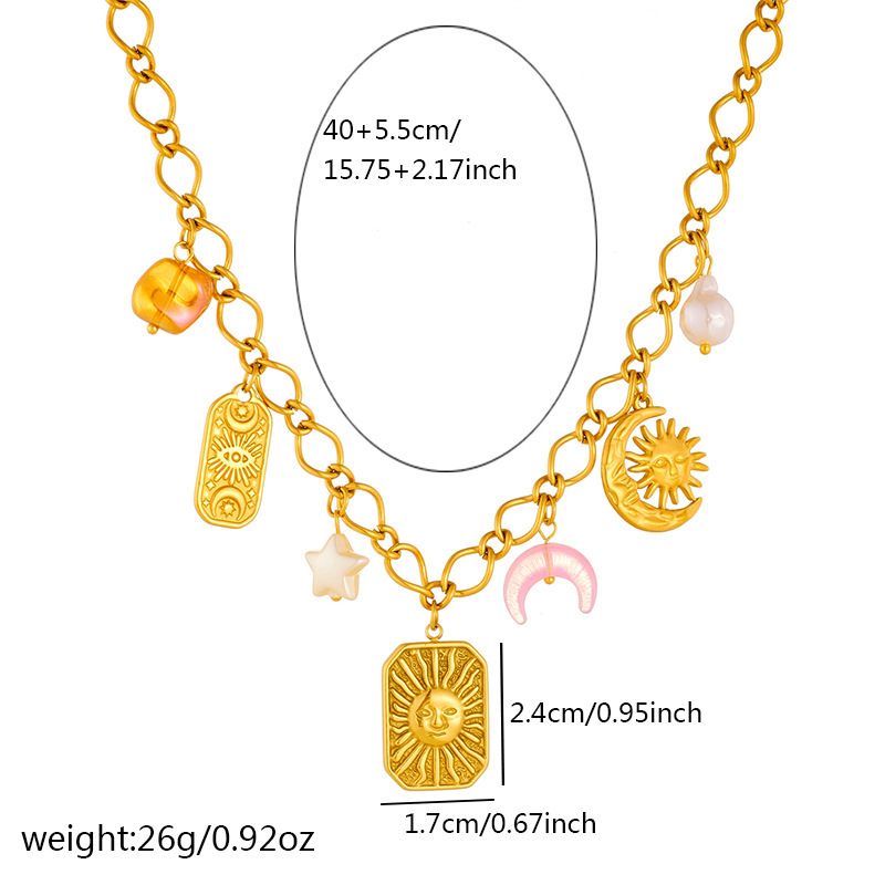 New cross-border fashion square-patterned sun and moon necklace, exotic stainless steel gold-plated accessory clavicle chain