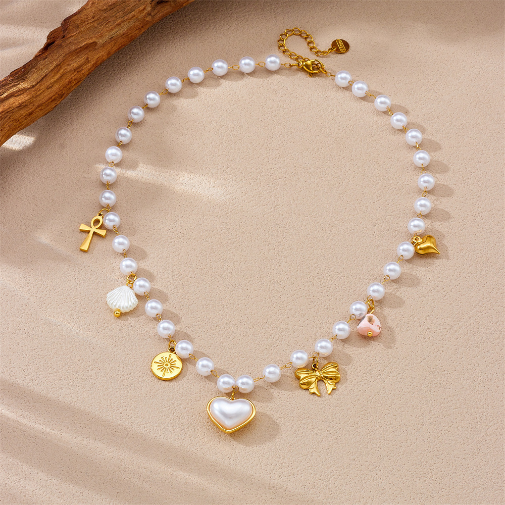 Korean Dongdaemun imitation pearl chain scallop heart bow star pendant stainless steel accessory necklace