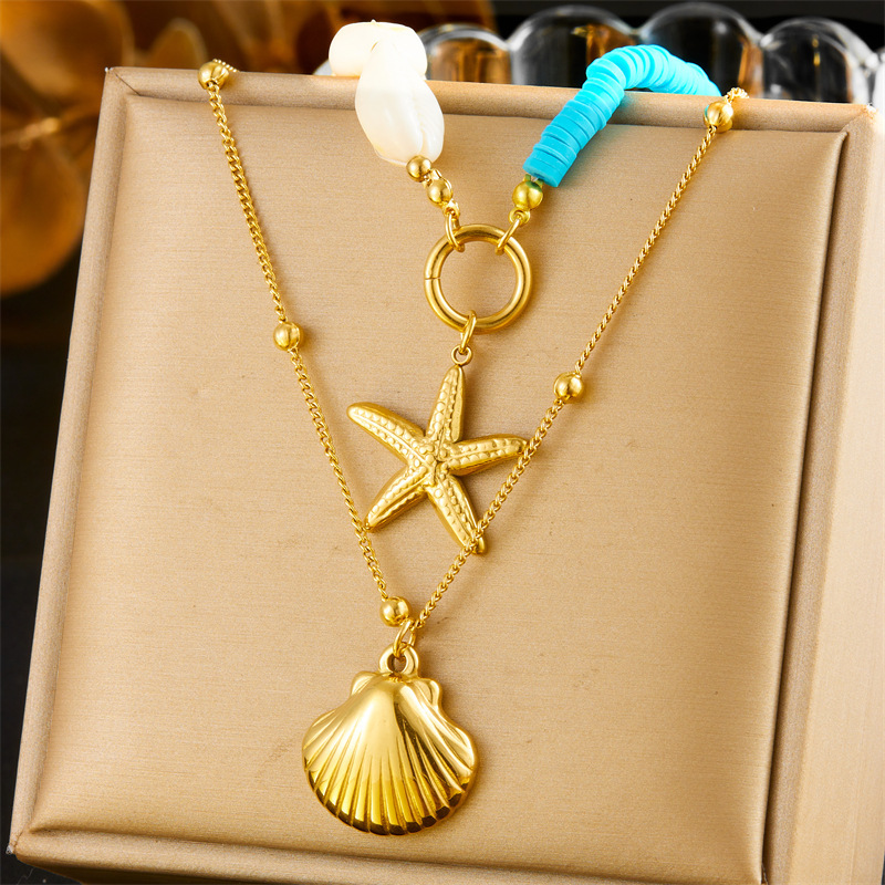 European and American style creative starfish pearl pendant ocean-themed golden scallop double-layer necklace