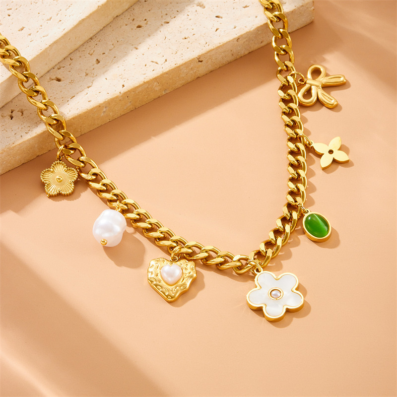 Vintage cross-border pearl white shell flower heart bow emerald oval pendant chain stainless steel necklace