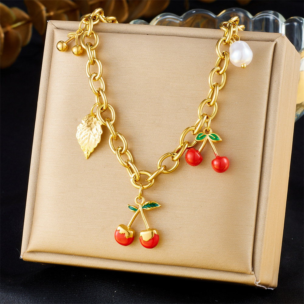 European and American style high-end multi-element pendant with dripping strawberry and cherry fruit accessories stainless steel chain necklace