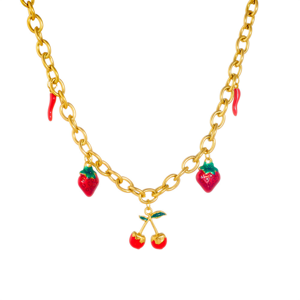 European and American style high-end multi-element pendant with dripping strawberry and cherry fruit accessories stainless steel chain necklace