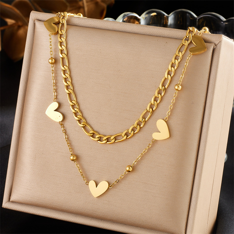 European and American style niche retro high-end gold-plated stainless steel pearl heart eye butterfly pendant multi-layer necklace