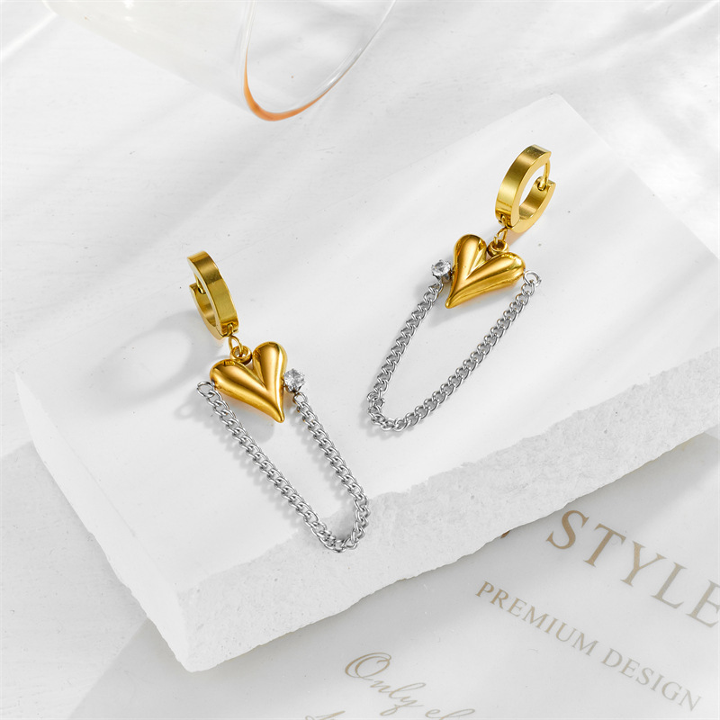 Stylish, sophisticated, and luxurious long chain earrings with diamond-encrusted heart pendant, gold-plated titanium steel.