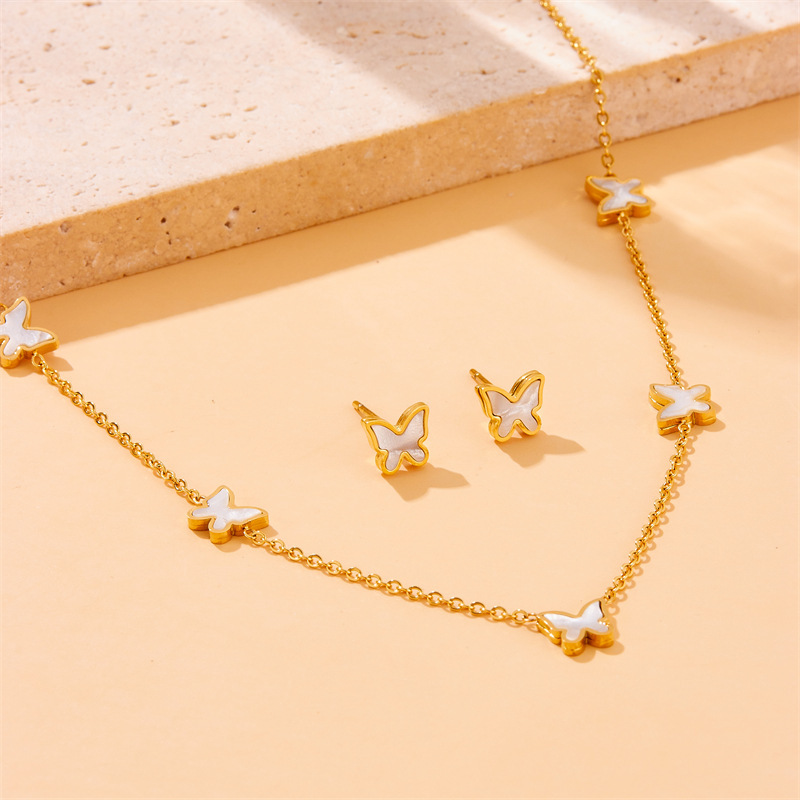 Korean style, fashionable, simple, elegant white shell butterfly accessory chain bracelet earring necklace stainless steel jewelry set
