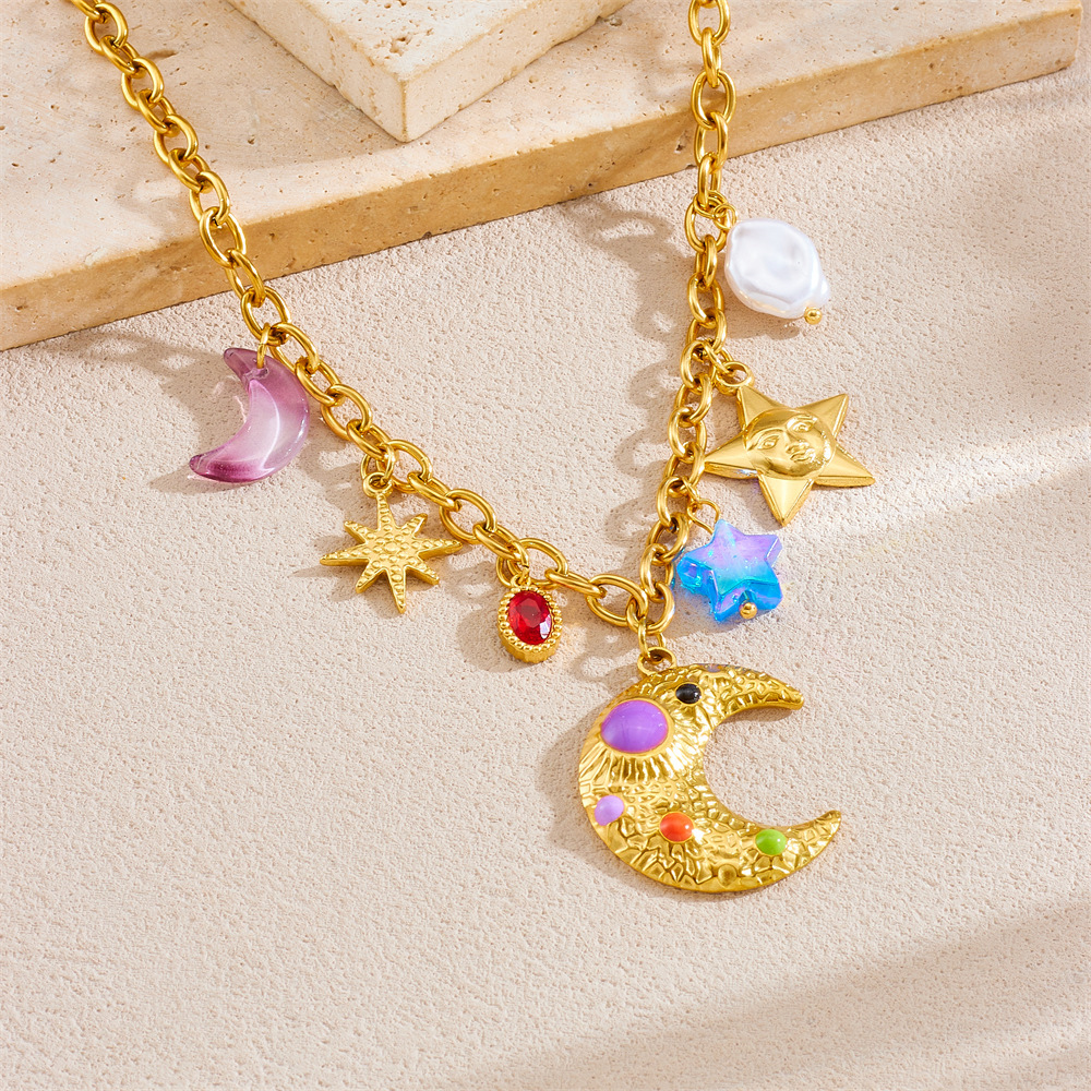 New cross-border fashion personalized colorful moon and star gold-plated accessories chain stainless steel multi-element pendant necklace