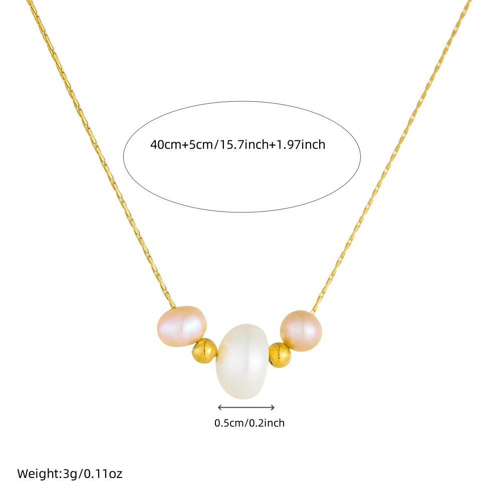Stylish new simple and versatile irregular-sized color-blocked pearl necklace with stainless steel chain for women.