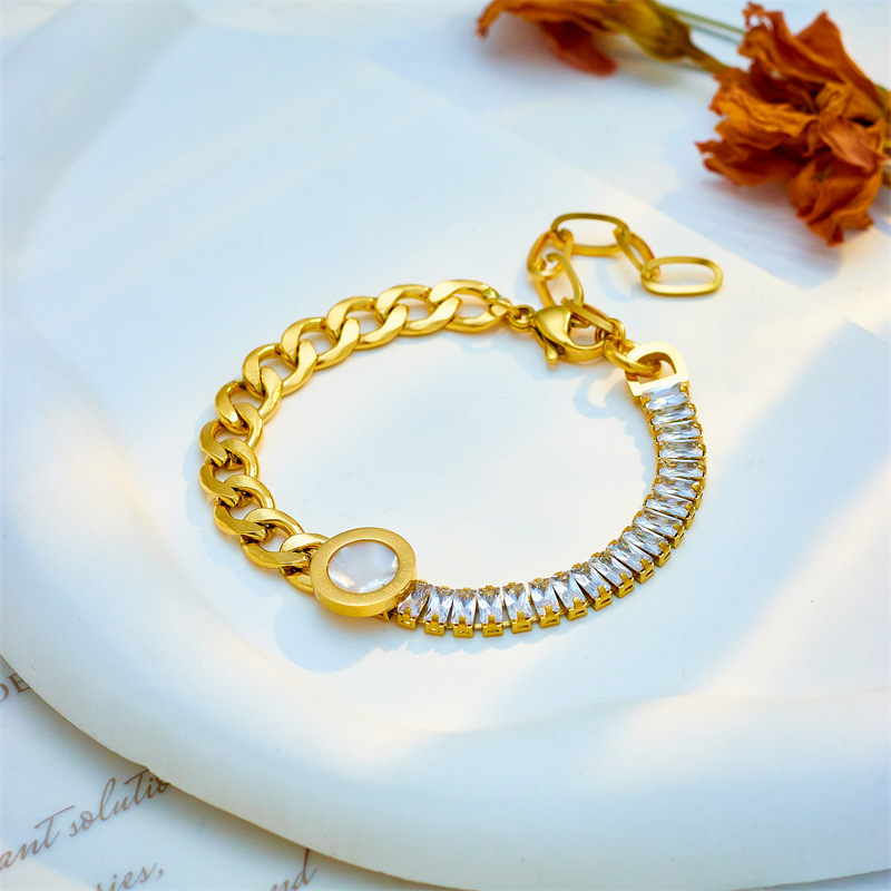 European and American cross-border fashion niche high-end versatile diamond-encrusted chain round pendant irregular titanium steel metal jewelry bracelet