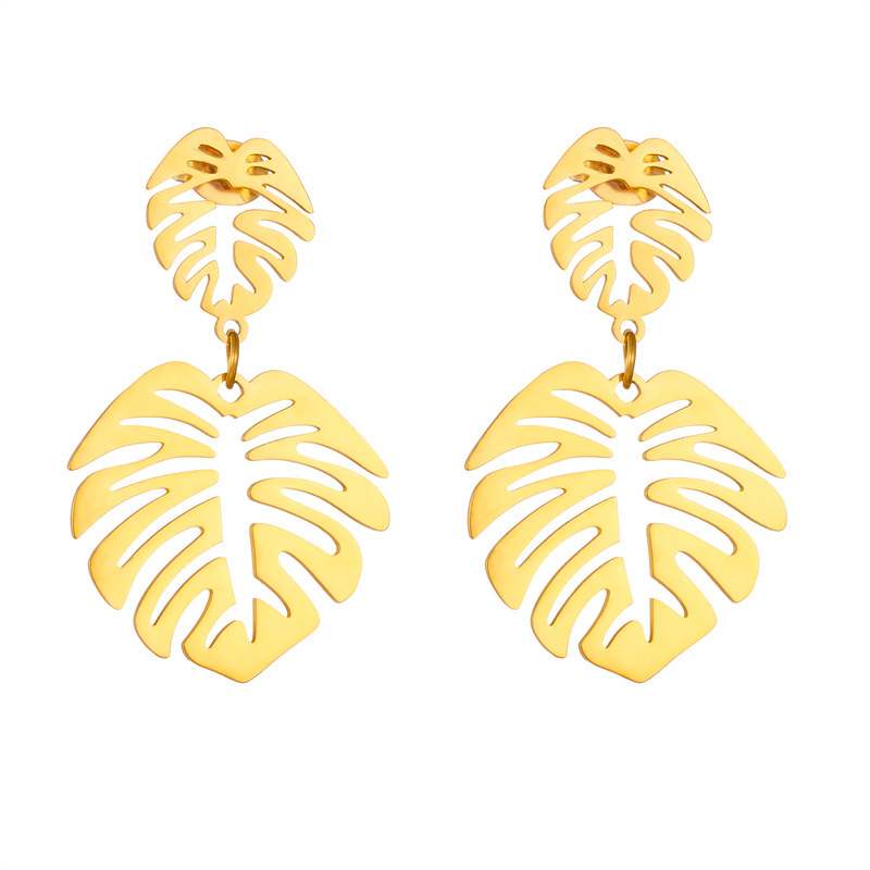 Niche fashion minimalist retro high-end creative leaf earrings, gold hollow titanium steel earrings.