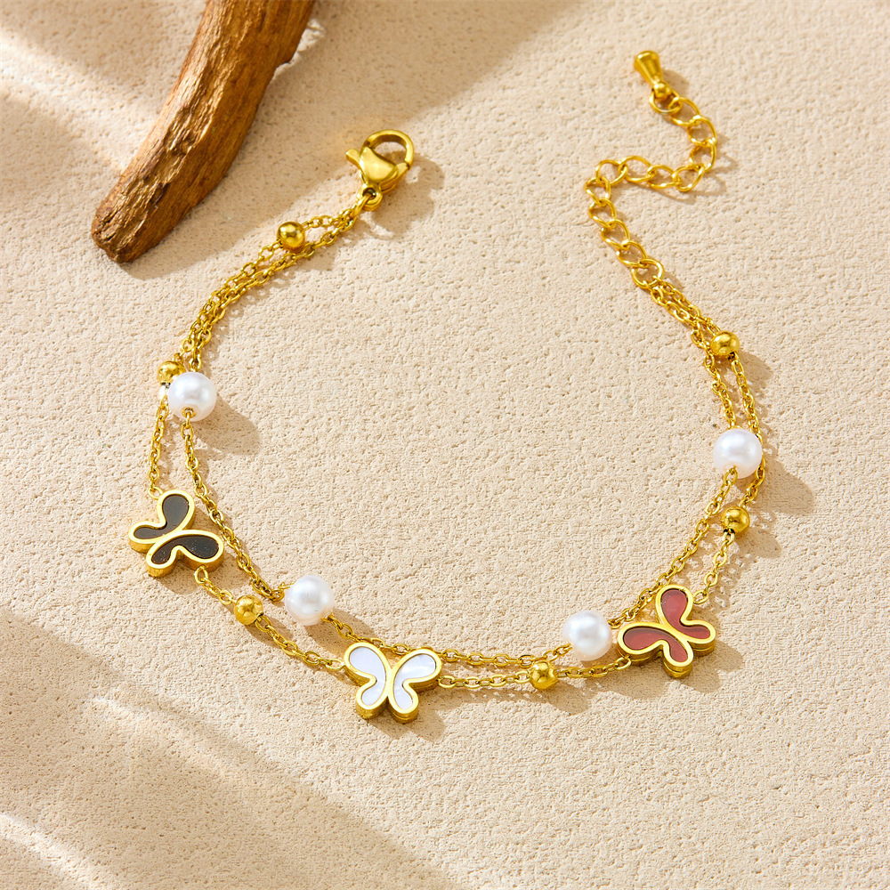 Korean style simple layered double stainless steel pearl bow accessory chain gold-plated butterfly women's jewelry bracelet