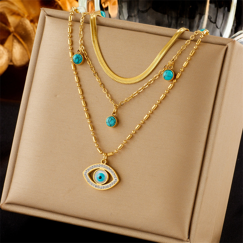 European and American cross-border fashion jewelry, multi-layered chain, turquoise, openwork, diamond-encrusted, blue eye pendant, clavicle necklace.