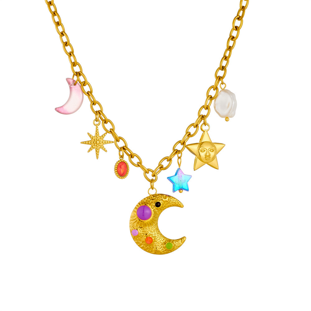 New cross-border fashion personalized colorful moon and star gold-plated accessories chain stainless steel multi-element pendant necklace
