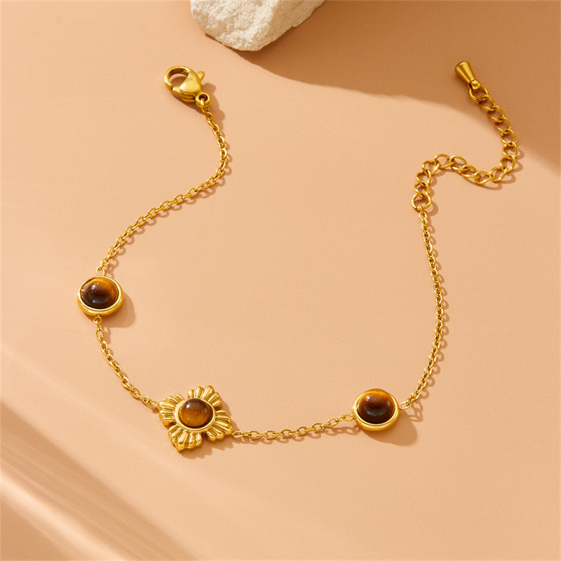 Cross-border fashion Maillard color gold-plated stainless steel tiger's eye flower accessory chain bracelet necklace set