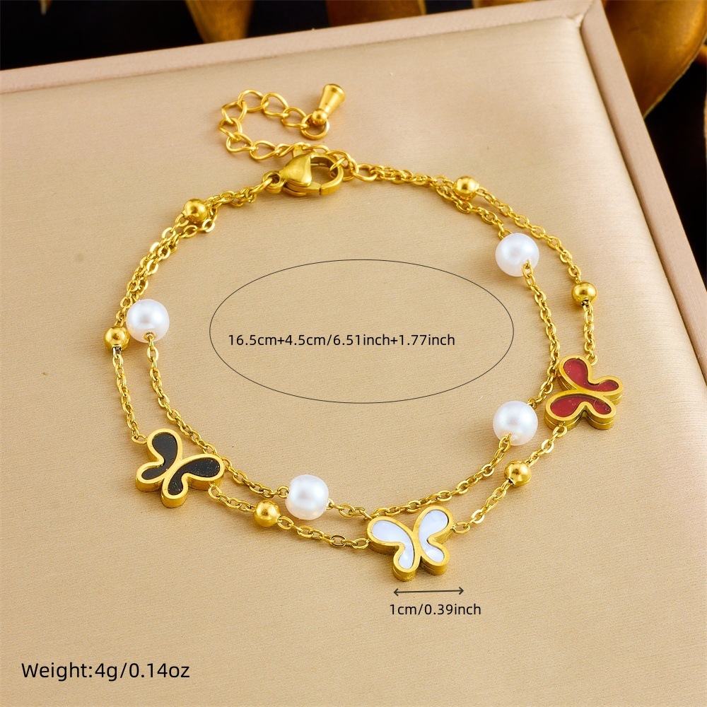 Korean style simple layered double stainless steel pearl bow accessory chain gold-plated butterfly women's jewelry bracelet