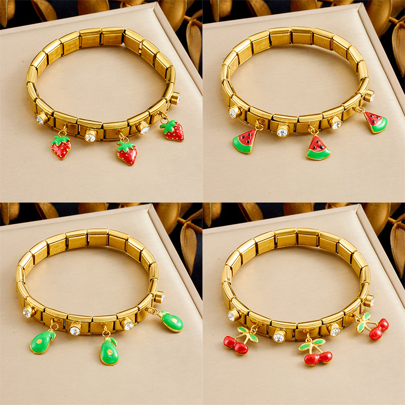 Cross-border fashion fruit series 3D simulated dripping cherry, strawberry, watermelon, rhinestone-encrusted stainless steel gold-plated bracelet