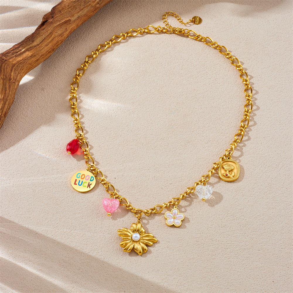 Korean style, fashionable, fresh and sweet, multi-element accessories, flower dripping oil, GOODLUCK round pendant stainless steel necklace