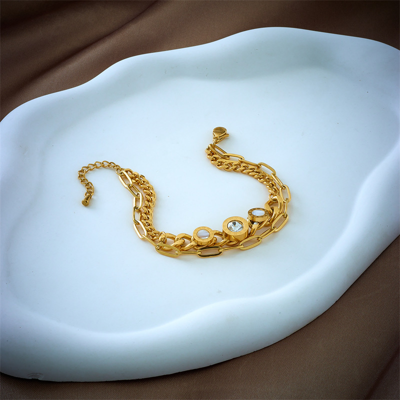 European and American cross-border thick chain double layer Roman round shell rhinestone titanium steel metal retro fashion versatile bracelet