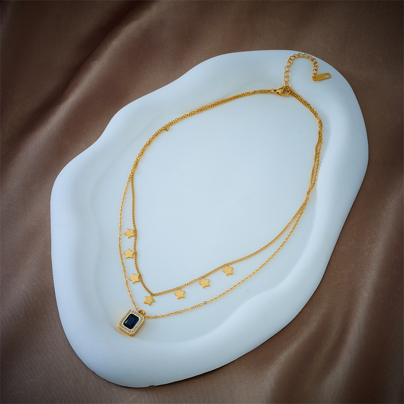 New European and American cross-border style minimalist fashion retro square diamond-encrusted star titanium steel pendant double chain necklace