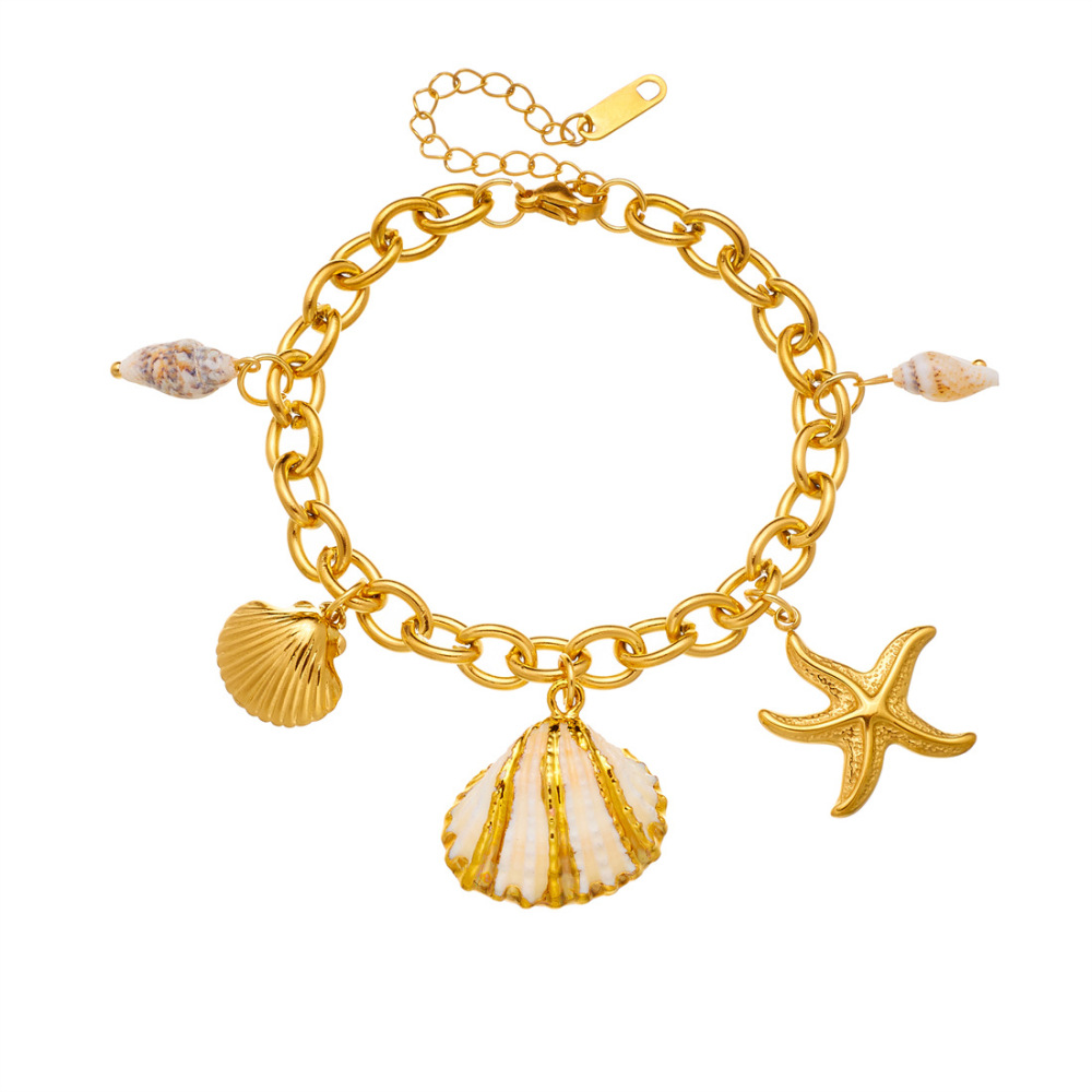 New European and American cross-border fashion ocean series gold-plated starfish, scallop, and conch pendant stainless steel bracelet