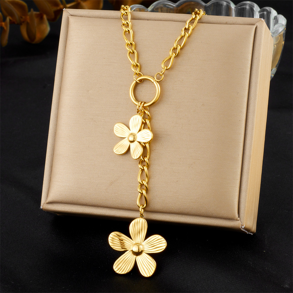 Fashionable cross-border stainless steel long tassel round pendant flower sun moon teardrop rhinestone heart clavicle chain, new spring/summer style necklace.