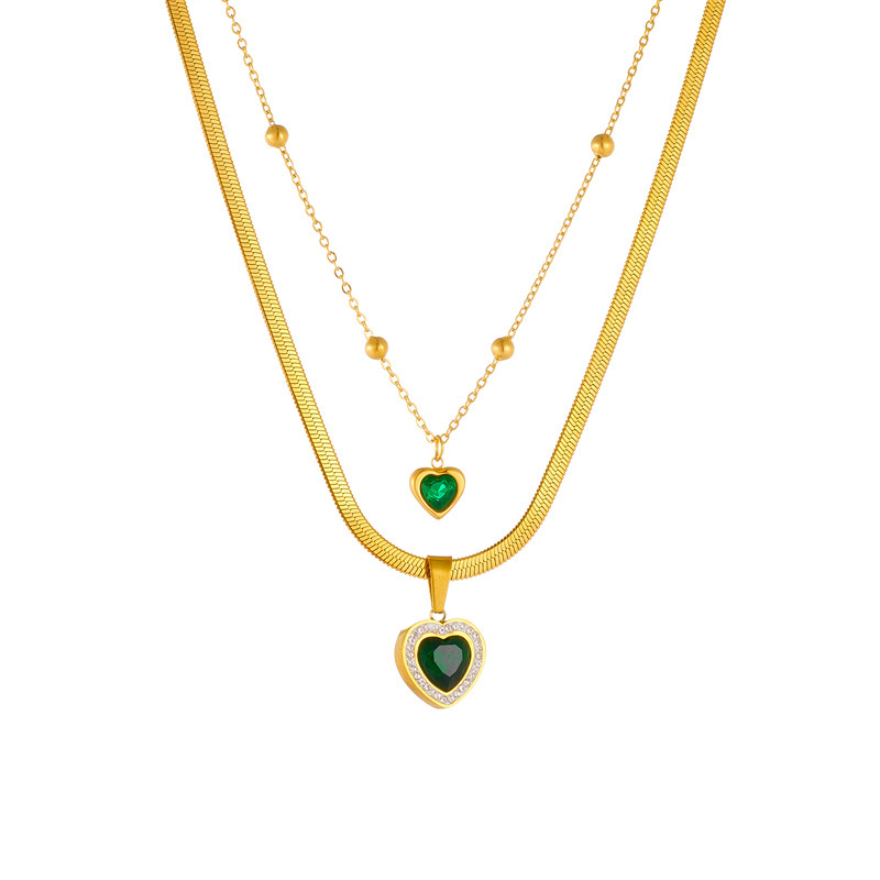 European and American style retro minimalist double-layered gold-plated chain diamond-encrusted heart pendant stainless steel jewelry necklace