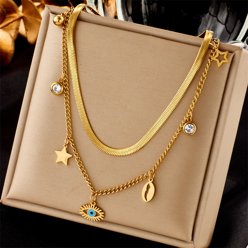 European and American style, simple and elegant multi-layered turquoise eye star rhinestone pendant necklace and bracelet set