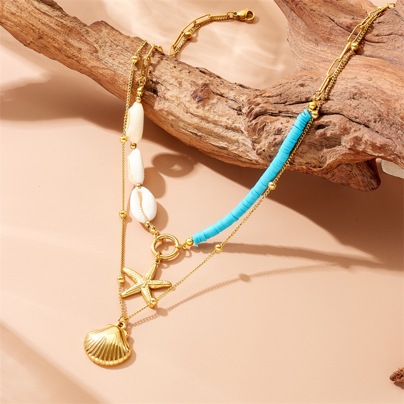 European and American style creative starfish pearl pendant ocean-themed golden scallop double-layer necklace