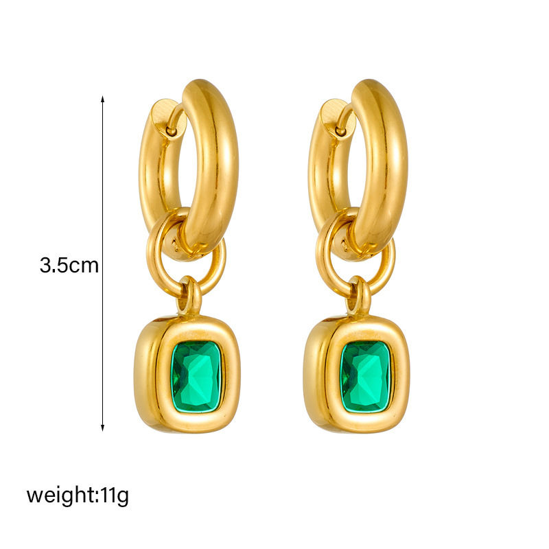 Fashionable, niche, retro, and luxurious emerald square rhinestone earrings, titanium steel geometric circle earrings