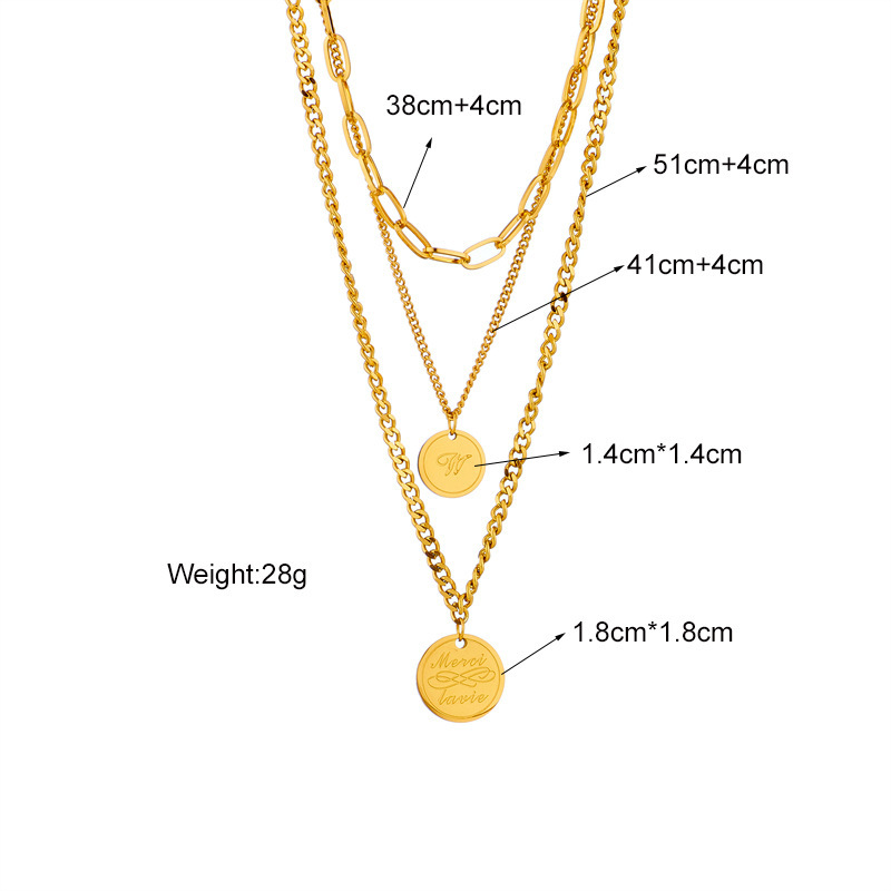 European and American cross-border fashion minimalist multi-layer retro stacked metal titanium steel engraved round pendant jewelry chain necklace