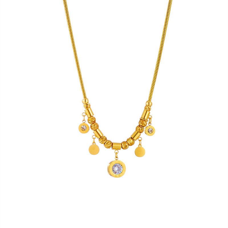 European and American popular fashion versatile round diamond-encrusted titanium steel pendant chain elegant and sophisticated minimalist retro clavicle necklace