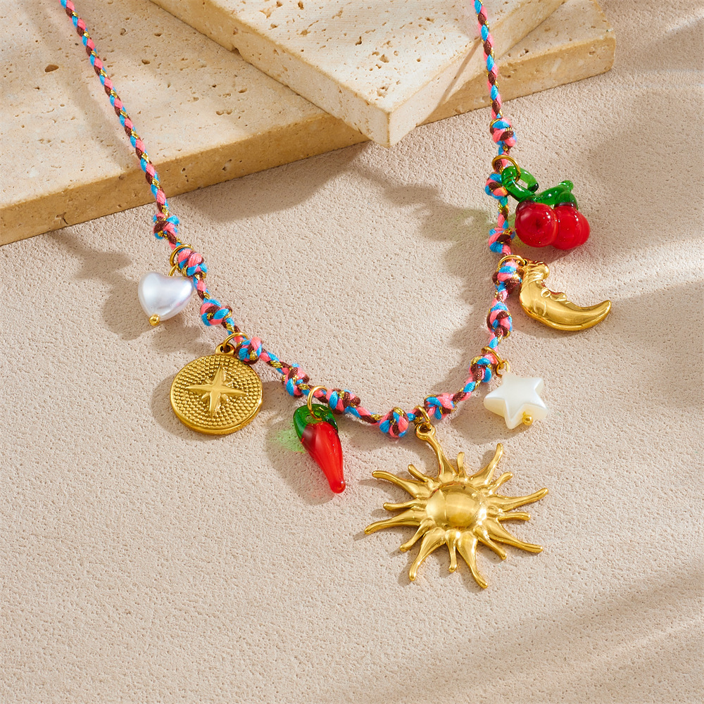 Cross-border fashion creative personalized multi-element gold-plated sun, moon, compass, star, chili pepper pendant woven necklace