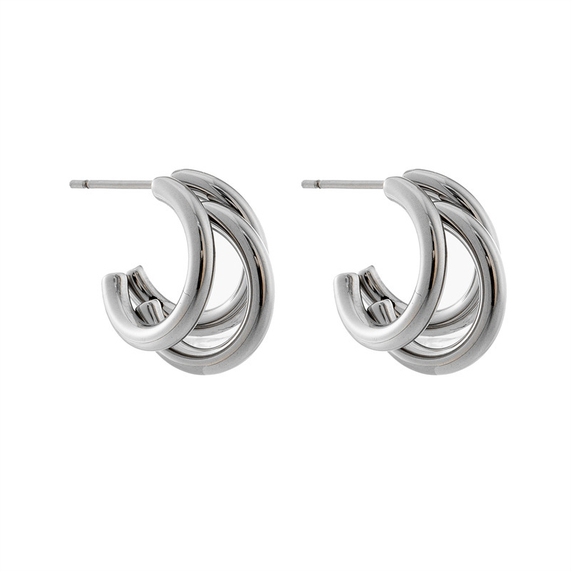 Trendy niche metallic retro high-end minimalist style unisex titanium steel C-shaped multi-layered earrings