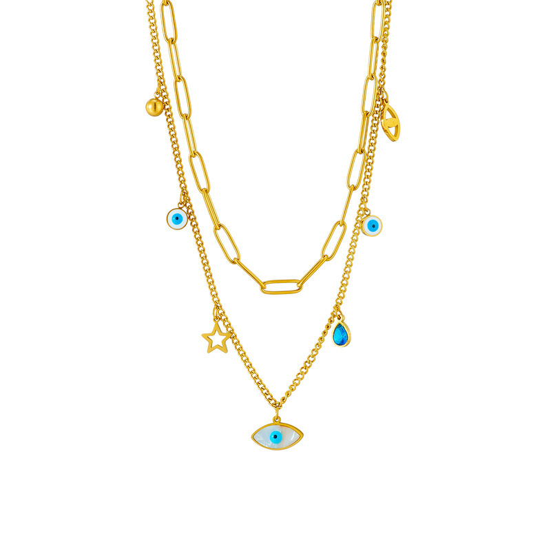 European and American style retro minimalist niche versatile double-layer chain hollow star eye pendant titanium steel necklace