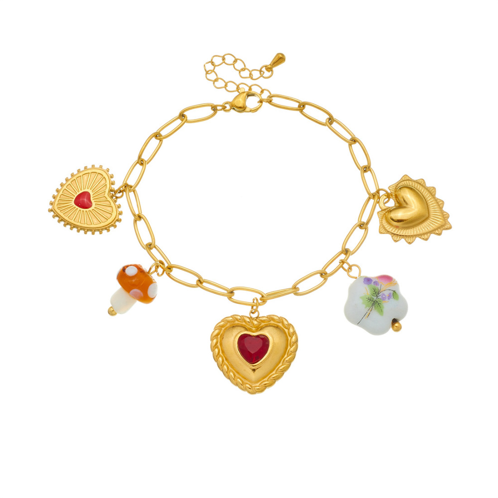 New cross-border style royal-style diamond-encrusted gold-plated 3D heart-shaped ceramic mushroom pendant chain stainless steel set