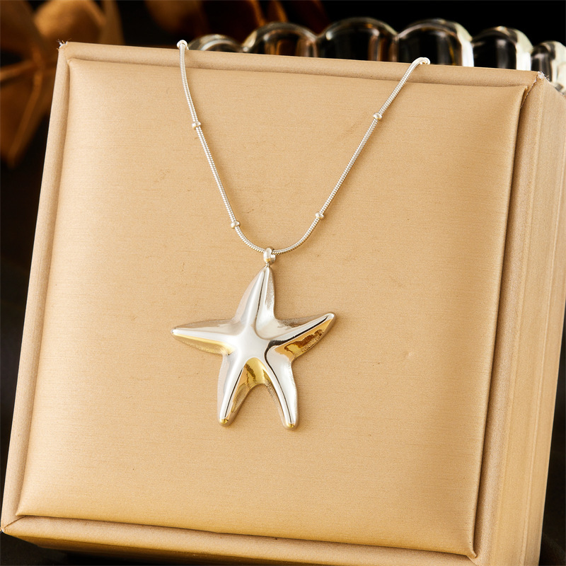 Fashionable, cross-border, elegant, retro, high-end metal stainless steel bow starfish chain double-layer jewelry necklace
