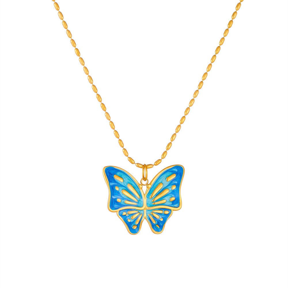 Korean style fresh and sweet blue-purple gradient butterfly and flower pendant snake chain stainless steel necklace