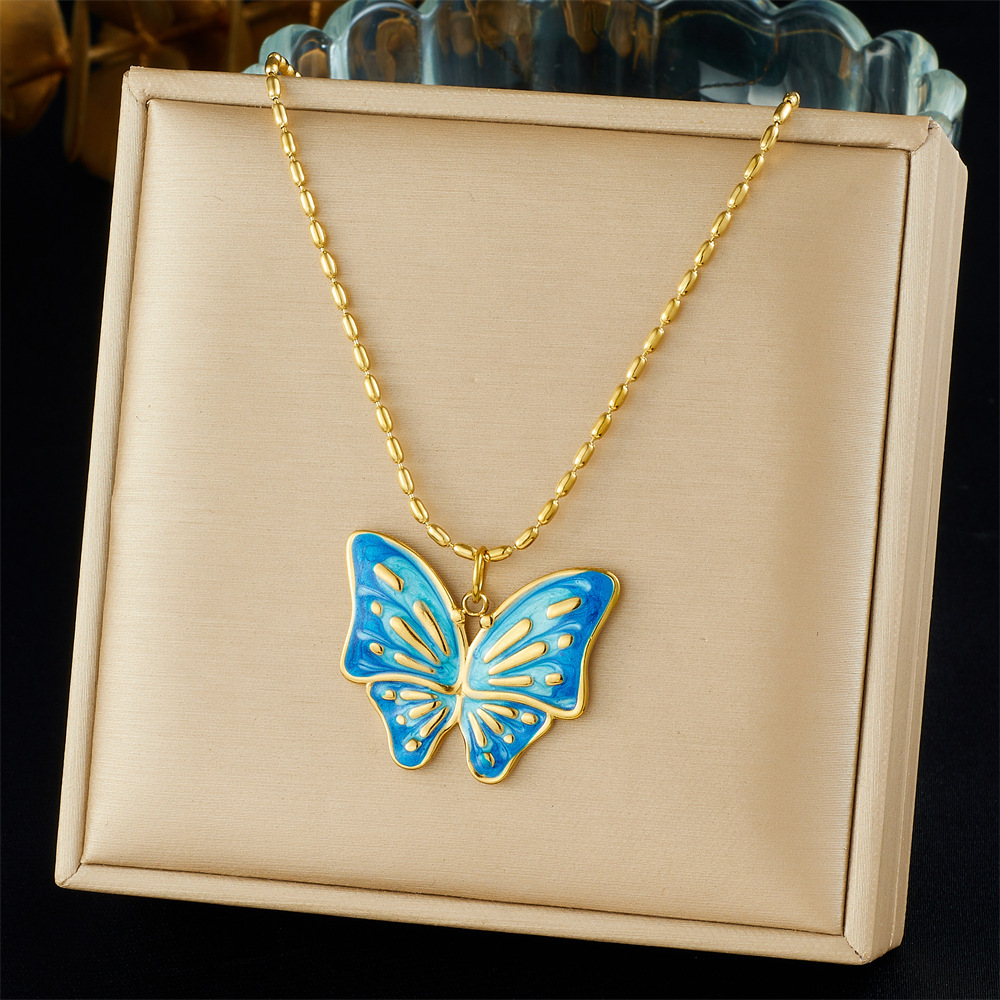 Korean style fresh and sweet blue-purple gradient butterfly and flower pendant snake chain stainless steel necklace