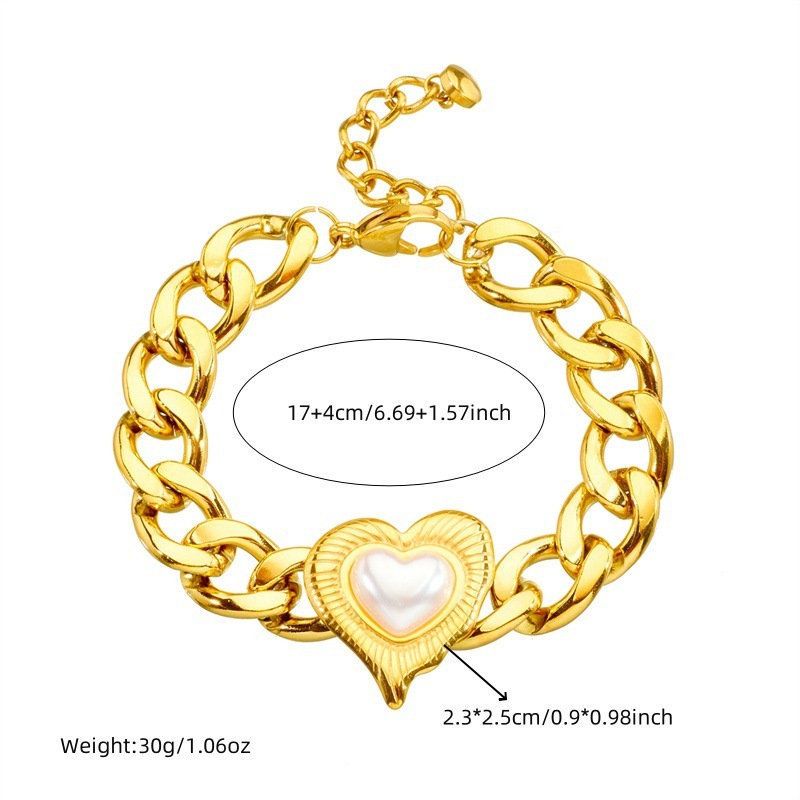 European and American style light luxury heart-shaped large pearl stainless steel bracelet, fashionable retro cross-border chunky chain jewelry necklace earrings