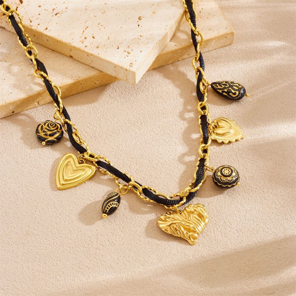 Vintage gold-plated black engraved geometric pendant, woven and wrapped stainless steel chain necklace