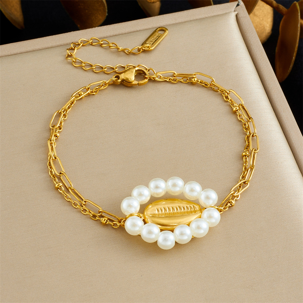 Korean-style fashionable and versatile design pearl, flower, seashell, full diamond star eye accessory, double-layer bracelet.